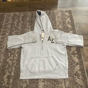 American Eagle Outfitters Light Gray Hooded Jacket with Gold Label
